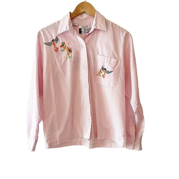 Vintage Infinity Fashions Bird Floral Embroidered Button Down Small - Picture 1 of 5